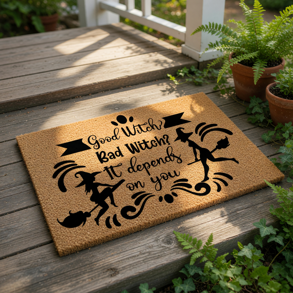 Funny Halloween doormat featuring a Good Witch Bad Witch It depends on you quote with black witch silhouettes on a natural coir fiber welcome mat, perfect for seasonal porch decor and spooky home entryway floor mat decorations.