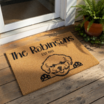 Personalized Poodle family doormat featuring a cute dog illustration, custom last name, and established year on durable coir fiber.