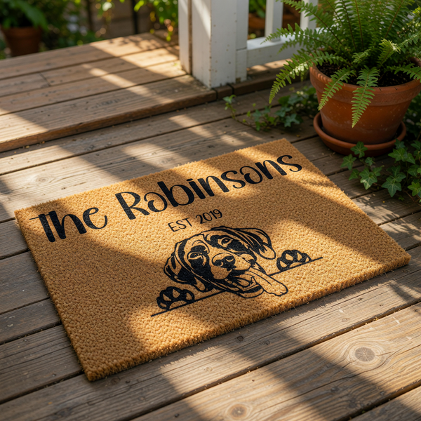 Personalized family name doormat featuring a cute dog illustration, this custom coir welcome mat is a durable outdoor floor rug for pet lovers that makes a stylish housewarming entry decor piece for any front porch or home