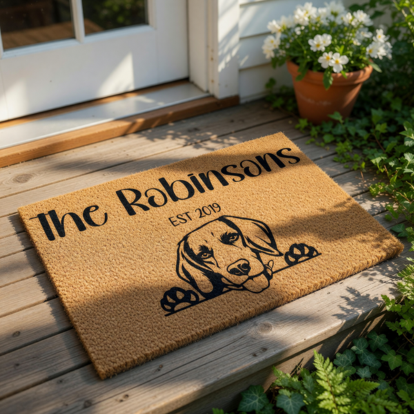 Personalized Beagle dog doormat for front porch, featuring a custom family name and established year on natural coir fiber.