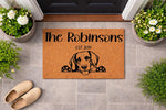 Personalized dog doormat featuring a cute beagle illustration on natural coir fiber, this custom family name welcome mat makes a stylish front porch decor piece for pet lovers and new homeowners looking for a durable outdoor rug.