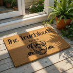 Personalized Rottweiler doormat featuring a custom family name and established year, this durable coir welcome mat displays a cute dog illustration and makes a stylish housewarming entry rug for any dog lover home decor.