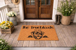 Personalized Rottweiler doormat for front porch, featuring a custom family name and dog breed illustration on natural coir fiber.