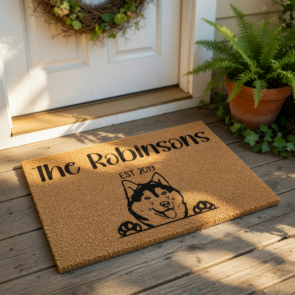 Personalized Husky dog doormat featuring a cute Siberian Husky illustration, custom family name, and established year on a durable coir welcome mat, perfect for pet lovers and home entryway decor for dog owners.
