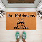 Personalized Husky dog doormat for front porch entry, featuring a custom family name and established year on durable coir fiber.
