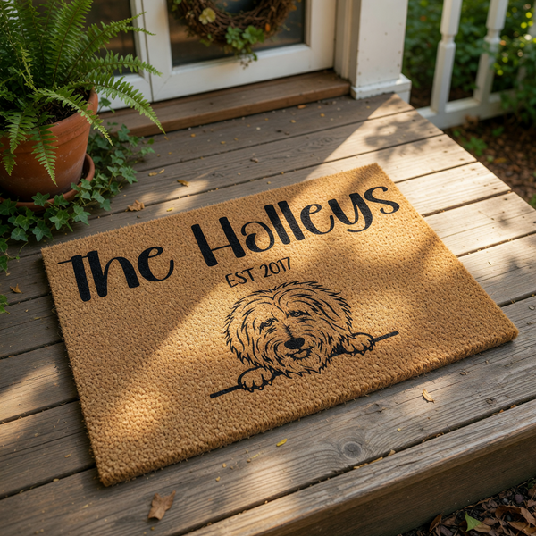 Personalized Goldendoodle doormat featuring a cute shaggy dog illustration, custom family name, and established year on a natural coir welcome mat, perfect for a front porch entry or housewarming gift for dog lovers.