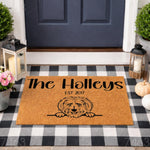 Personalized Goldendoodle dog doormat featuring a cute shaggy dog illustration, custom family name, and established year on natural coir fiber, perfect as a durable outdoor welcome mat for pet lovers and front porch home decor.
