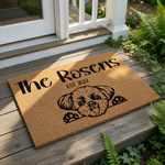 Personalized dog welcome doormat featuring a cute Shih Tzu illustration, custom family name, and established year on natural coir fiber, making this a durable outdoor entrance rug for pet lovers and new home housewarming decor.