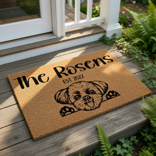 Personalized dog welcome doormat featuring a cute Shih Tzu illustration, custom family name, and established year on natural coir fiber, making this a durable outdoor entrance rug for pet lovers and new home housewarming decor.