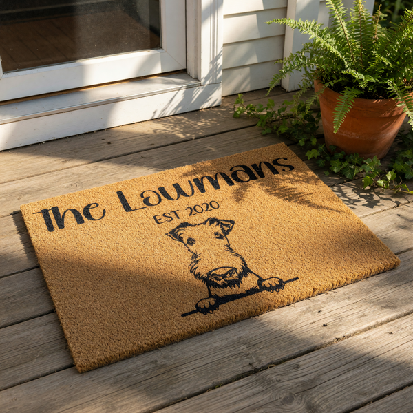 Personalized dog welcome doormat featuring a cute terrier illustration on natural coir fiber, this custom family name entry rug is a durable outdoor floor mat for your front porch, home entrance, or housewarming decor needs.