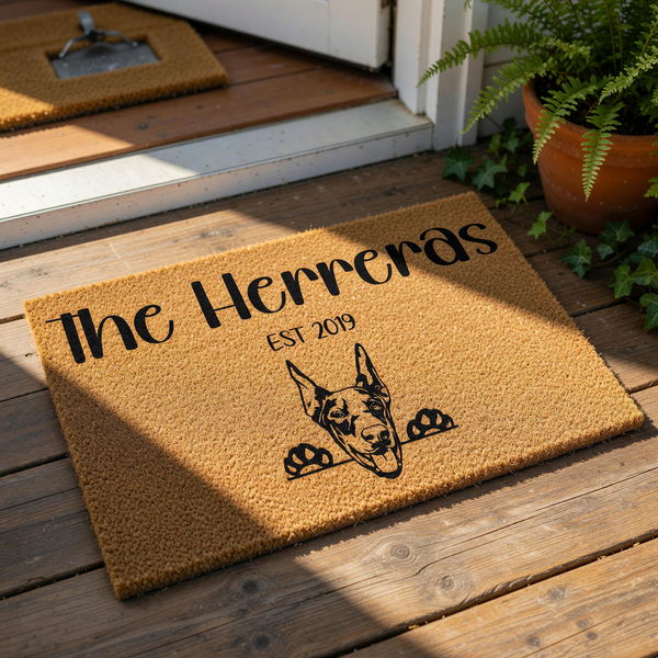 Personalized Doberman Pinscher doormat for front porch entry, featuring a custom family name and established year on natural coir fiber.