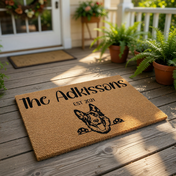 Personalized German Shepherd doormat featuring a custom family name and established year on natural coir fiber, making this dog lover welcome mat a durable outdoor floor rug for your front porch entrance and home decor.
