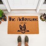Personalized German Shepherd doormat for dog lovers, featuring a custom family name and established year on durable coir fiber.