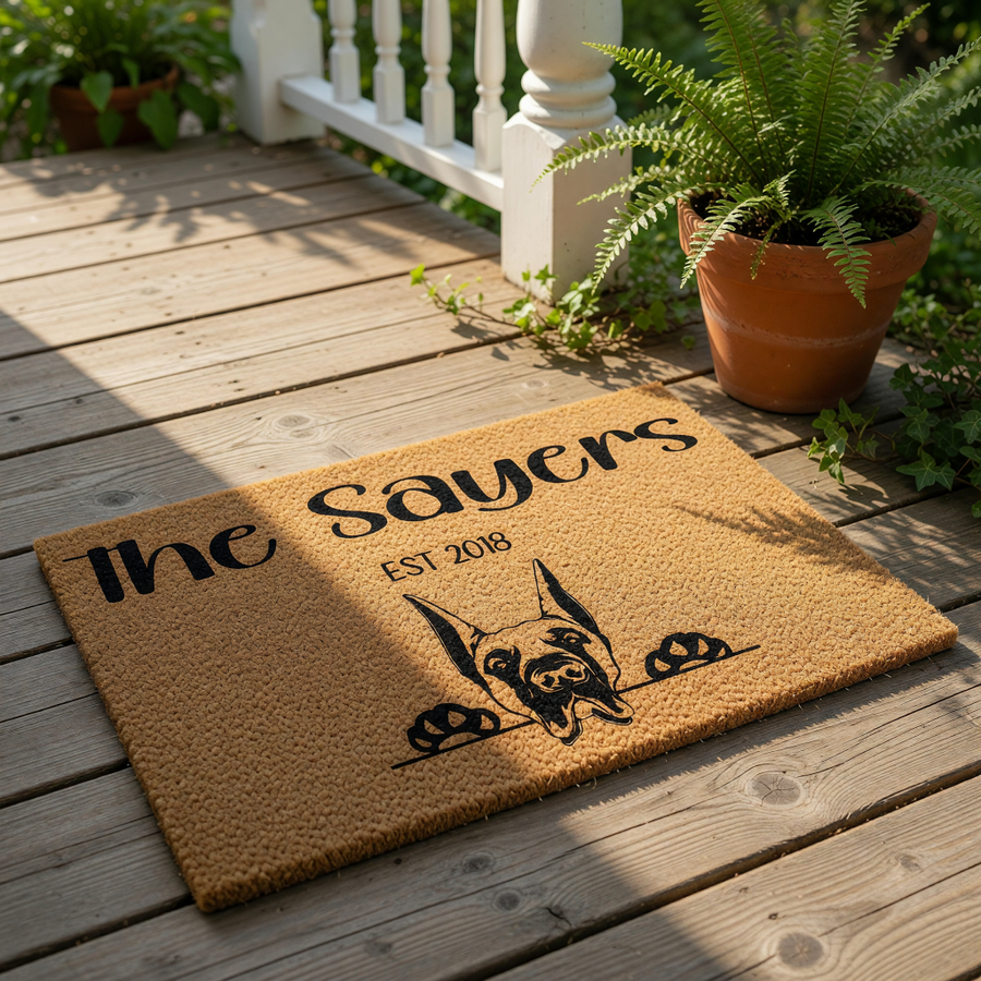 Personalized Doberman doormat featuring a custom family name and established year on natural coir fiber, this durable outdoor welcome mat showcases a cute dog peeking over the edge for a unique pet lover home entrance decor piece.