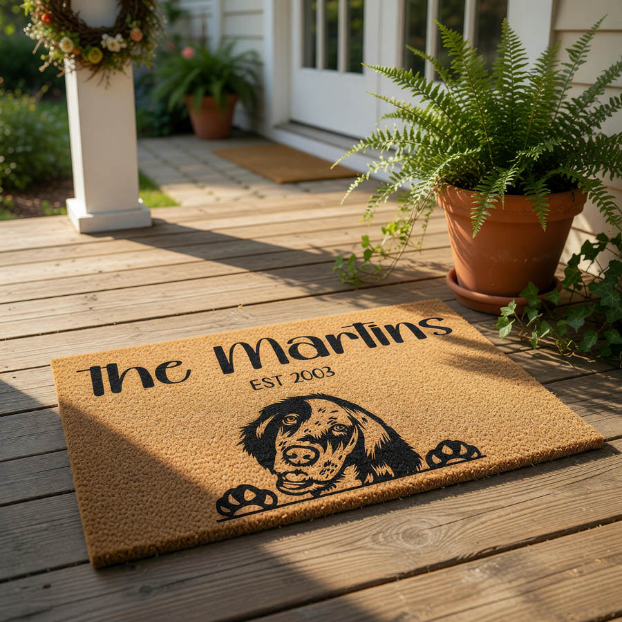 Personalized family name coir doormat featuring a cute dog illustration, this custom outdoor welcome mat is a durable natural fiber rug for your front porch entry that makes a great housewarming decor piece for any pet lover home.