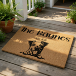 Personalized Jack Russell Terrier doormat featuring a cute dog illustration, custom family name, and established year on durable coir fiber.