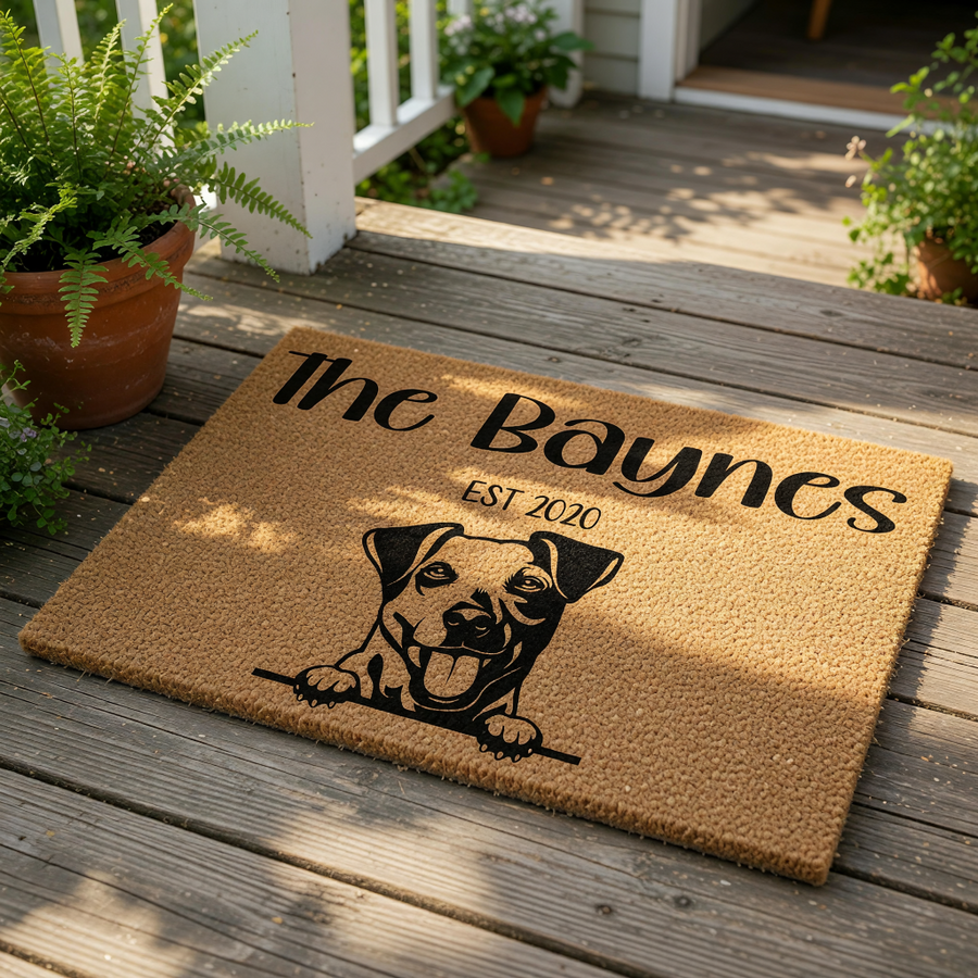 Personalized Jack Russell Terrier doormat featuring a cute dog illustration, custom family name, and established year on durable coir fiber.