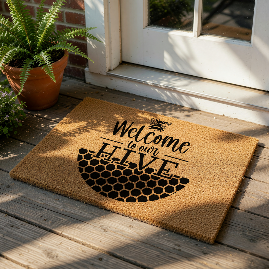 Bee themed welcome to our hive doormat featuring a honeycomb pattern and a cute bumblebee design on natural coir fiber, perfect for a front porch entryway or housewarming gift for a new home owner looking for rustic outdoor decor.