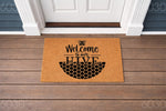 Welcome to our hive doormat featuring a cute bee and honeycomb design on natural coir fiber, perfect for a front porch entry.