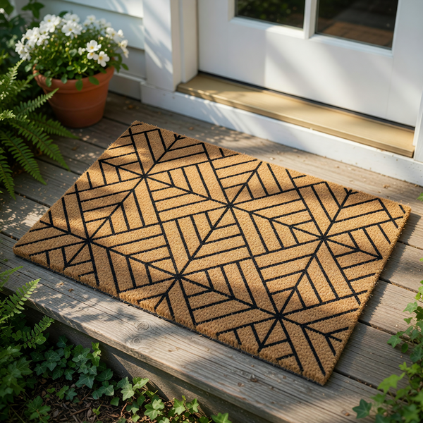 Geometric pattern coir doormat featuring a modern black line design on natural brown fiber, this durable outdoor welcome mat provides a stylish entryway floor covering for your front porch or home entrance with a contemporary