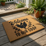Chicken coop welcome doormat featuring a black hen and chick silhouette on natural coir fiber, this farmhouse style outdoor welcome mat is a funny front porch rug for chicken lovers and backyard farm decor enthusiasts.