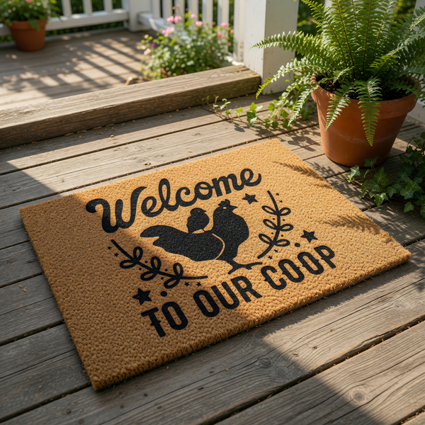Chicken coop welcome doormat featuring a black hen and chick silhouette on natural coir fiber, this farmhouse style outdoor welcome mat is a funny front porch rug for chicken lovers and backyard farm decor enthusiasts.