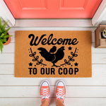 Chicken Welcome To Our Coop doormat featuring a black hen and chick design on natural coir fiber, perfect for farmhouse porch decor or a rustic front door entrance mat for chicken lovers and backyard poultry keepers alike.