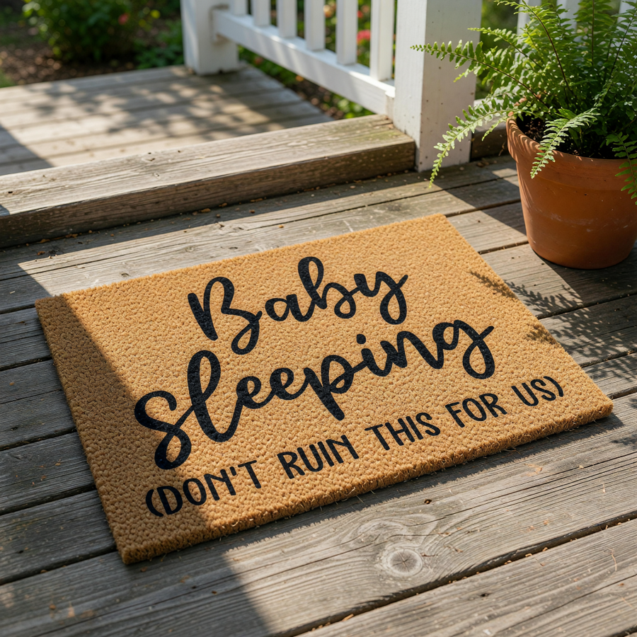 Baby sleeping doormat with funny text, a natural coir fiber welcome mat for new parents that features bold black lettering reading Baby sleeping don't ruin this for us, a humorous front porch decor piece for a nursery or home