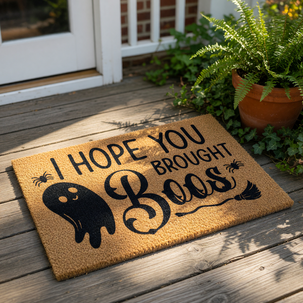 Funny Halloween doormat featuring a cute ghost and spider design with the text I Hope You Brought Boos, this natural coir fiber welcome mat is a spooky front porch decor piece for your home entry during the fall autumn holiday