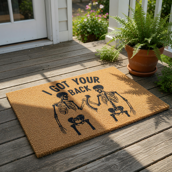 Skeleton I Got Your Back doormat featuring two black skeletons fist bumping on a natural coir fiber welcome mat, a funny gothic home decor floor rug for front porch entryways that makes a unique housewarming or spooky holiday