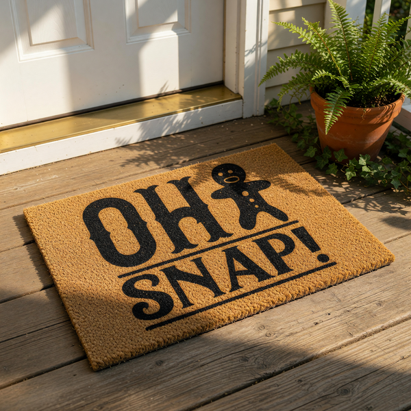 Oh Snap gingerbread man doormat featuring a funny holiday design on natural coir fiber, this festive Christmas welcome mat is a humorous front porch rug for winter home decor that adds a playful touch to your entryway floor.