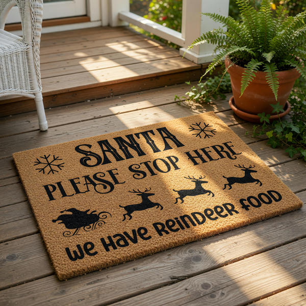 Christmas doormat with Santa please stop here text and reindeer silhouettes on a natural fiber welcome mat, perfect for holiday porch decor and festive entryway floor mats during the winter season on a wood deck.