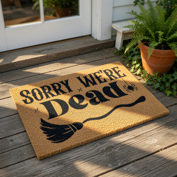 Sorry We're Dead Halloween doormat with a spooky broom and spider design on natural coir fiber, perfect for a front porch welcome mat during the fall season to add a fun and festive touch to your home entryway decor for trick or