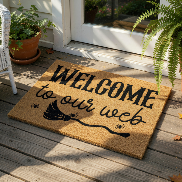 Spooky Halloween welcome doormat featuring a broomstick and spider design on natural coir fiber, perfect for fall porch decor and entryway floor mats to greet guests with a fun seasonal message for your home entrance.