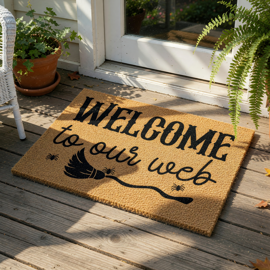 Spooky Halloween welcome doormat featuring a broomstick and spider design on natural coir fiber, perfect for fall porch decor and entryway floor mats to greet guests with a fun seasonal message for your home entrance.