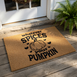 Fall pumpkin doormat with funny whatever spices your pumpkin text, a natural coir welcome mat for front porch decor, featuring a cute autumn gourd design that makes a festive seasonal entryway rug for your home during the harvest