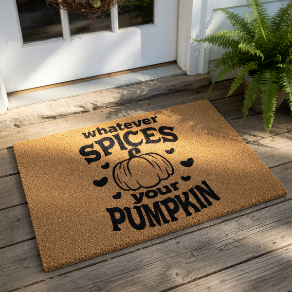 Fall pumpkin doormat with funny whatever spices your pumpkin text, a natural coir welcome mat for front porch decor, featuring a cute autumn gourd design that makes a festive seasonal entryway rug for your home during the harvest