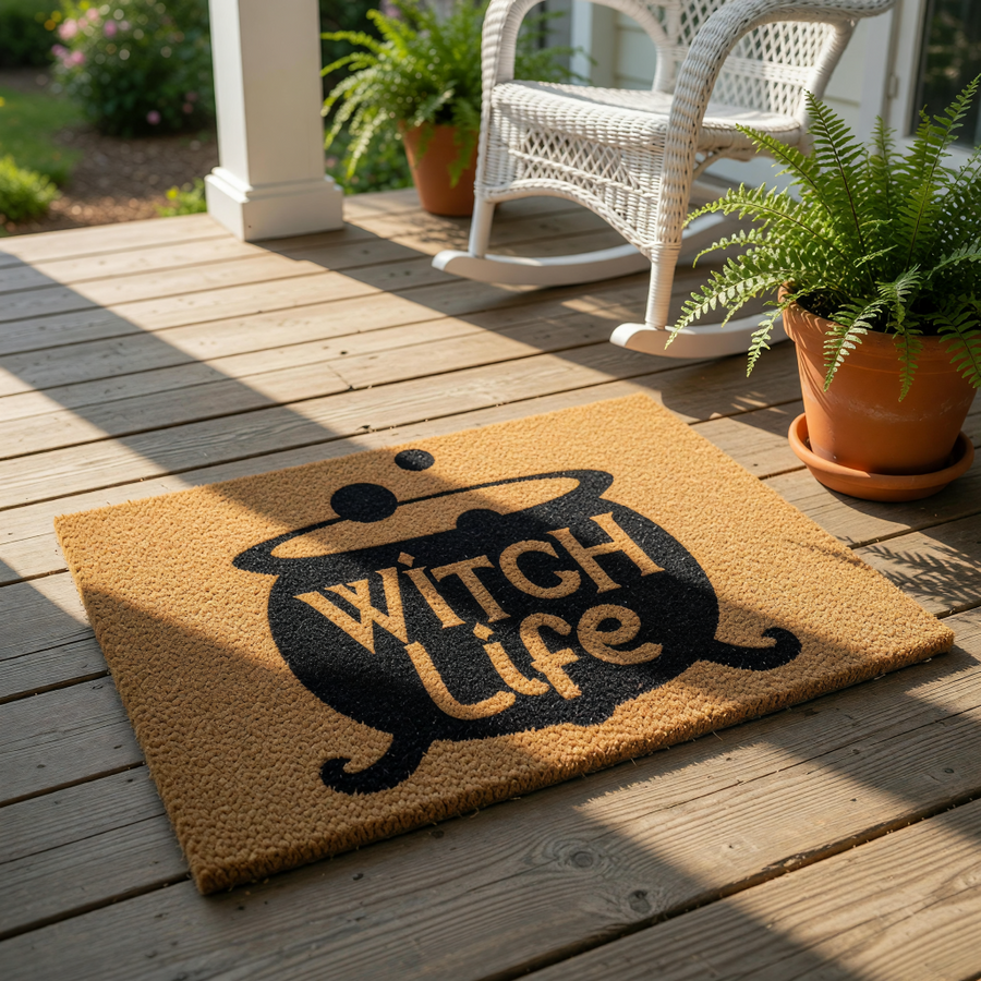 Witch Life coir doormat featuring a black cauldron design on a natural fiber welcome mat, perfect for a spooky front porch decor, outdoor entryway rug, or funny housewarming gift for those who love magical home accessories.