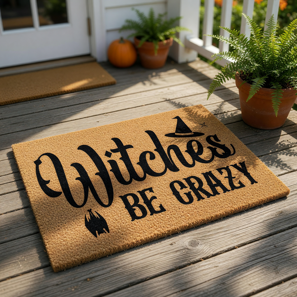 Funny Halloween doormat with Witches Be Crazy text, featuring a witch hat and bat icon on natural coir fiber.