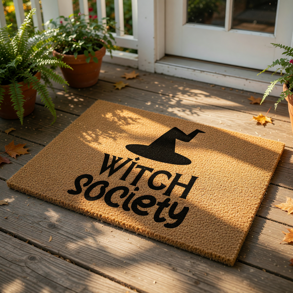 Witch Society doormat for front porch decor, featuring a black pointed hat graphic on natural coir fiber.