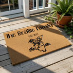 Personalized Schnauzer doormat featuring a custom family name and established year on natural coir fiber, this durable outdoor welcome mat makes a charming housewarming entry rug for any dog lover home decor and porch entrance.