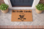 Personalized Schnauzer family doormat featuring a cute dog illustration, custom last name, and established year on a natural coir welcome mat, perfect for a front porch entryway or housewarming decor for pet lovers and dog owners.