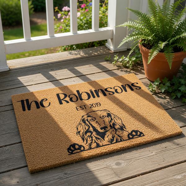 Personalized Dachshund doormat featuring a long-haired dog illustration, custom family name, and established year on a natural coir welcome mat, perfect for a dog lover home entrance or a unique housewarming front porch decor.