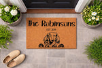 Personalized Dachshund doormat featuring a long-haired dog illustration on natural coir fiber, perfect as a custom family name welcome mat for your front porch entry, complete with a durable outdoor rug design for pet lovers.