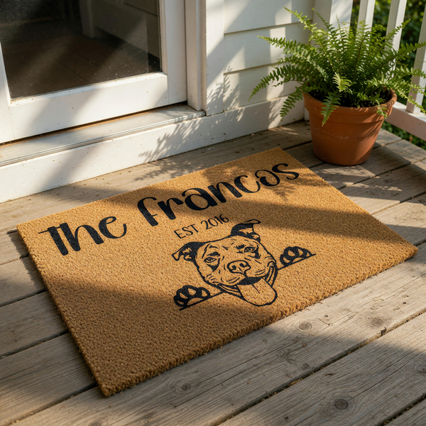 Personalized Pitbull dog doormat for front porch, featuring a custom family name and established year on natural coir fiber.