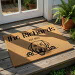 Personalized family name doormat featuring a cute Labrador Retriever dog illustration, this custom coir welcome mat is a durable outdoor floor rug for pet lovers and makes a great housewarming entry decor for any dog owner home.