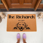 Personalized Labrador Retriever doormat for family home, featuring a custom last name and established year on durable coir material, perfect as a front porch welcome mat for dog lovers and pet owners looking for unique house