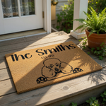 Personalized Poodle doormat featuring a custom family name and established date on natural coir fiber, this durable outdoor welcome mat showcases a cute dog illustration for pet lovers and home entryway decor.