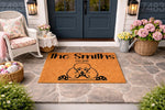 Personalized Poodle doormat for front porch featuring a custom family name and established year on natural coir fiber, creating a charming welcome mat for dog lovers that adds a stylish touch to any home entryway decor.