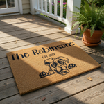 Personalized Boxer dog doormat featuring a custom family name and established year on natural coir fiber, this durable outdoor welcome mat makes a fun pet lover housewarming entry rug for any home with a cute dog breed